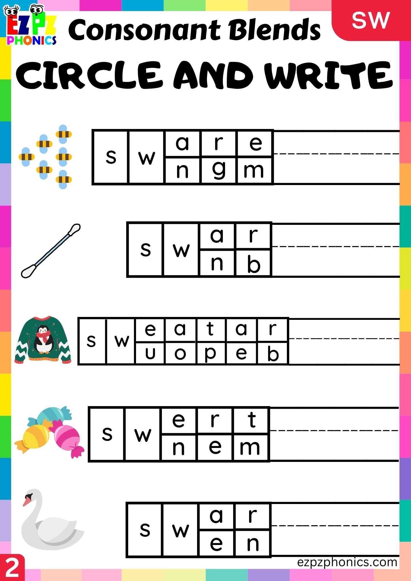 Group2 SW Words Circle And Write Phonics Consonant Blends Worksheet